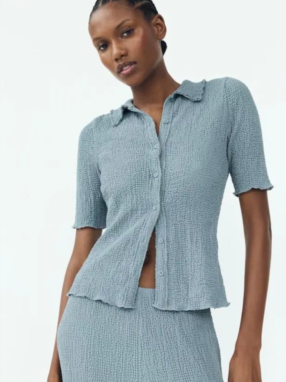 Zara Textured Polo Shirt Muted Blue